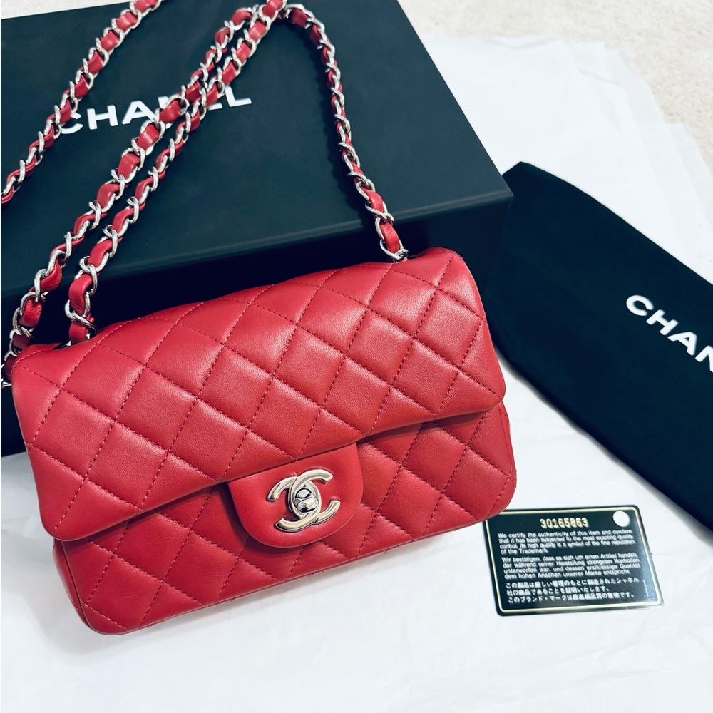 💯 Authentic Chanel Classic Rectangular Mini Flap Dark Red